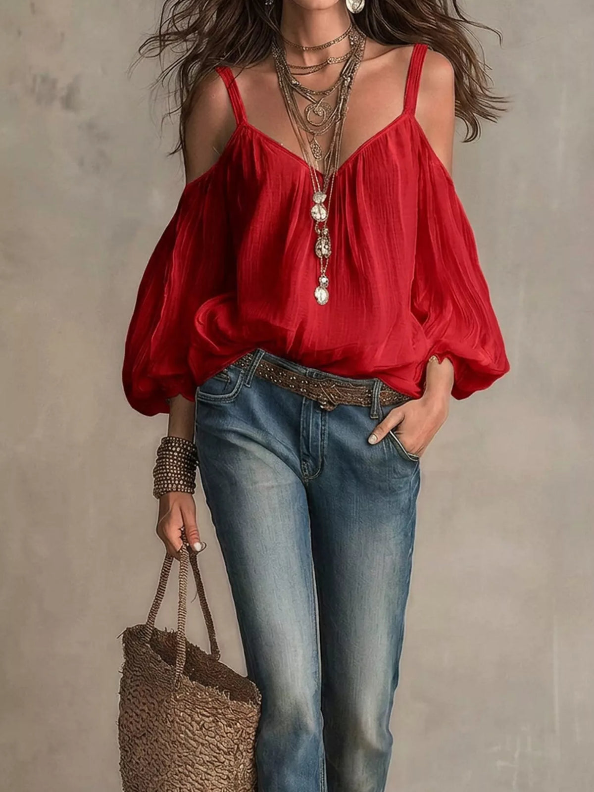Cold Shoulder Balloon Sleeve Blouse
